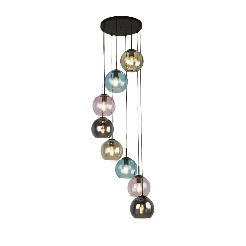 Aanbieding Searchlight Mardi Gras II - hanglamp - Ø 54 x 200 cm - mat zwart en gekleurd glas