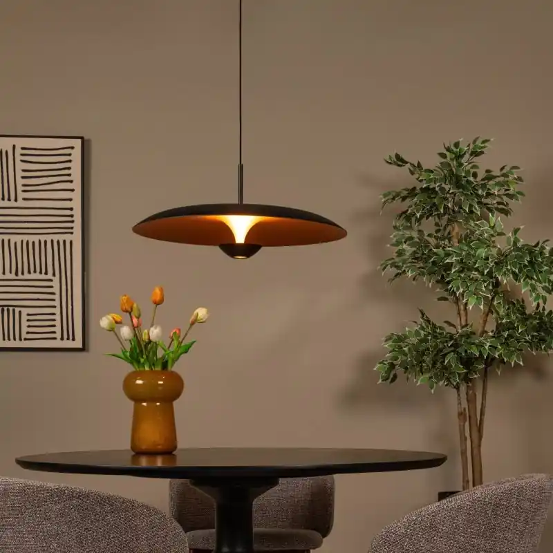 Lucide Kenneth - hanglamp - Ø 60 x 170 cm - 16W dimbare LED incl. - zwart en mat goud Laatste Kans