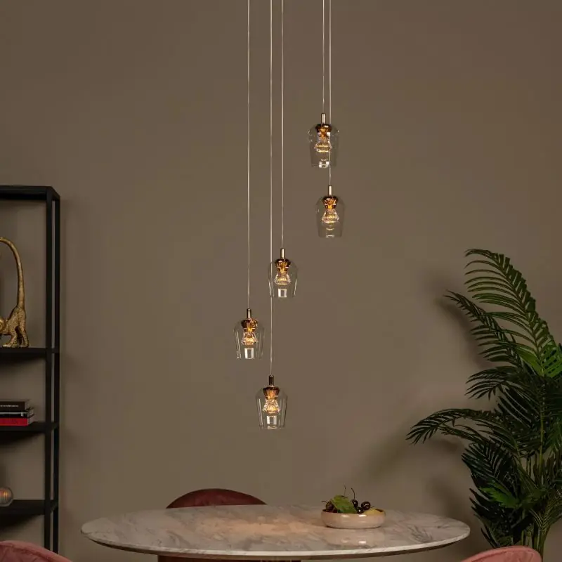 Speciale Aanbieding Lucide Berliane - hanglamp - Ø 34 x 164,5 cm - 5 x 4W dimbare LED incl. - transparant en goud