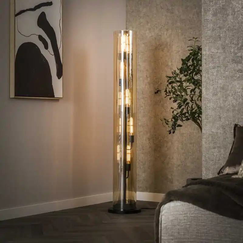 Trendy Vico Tube Amber Glass - vloerlamp - Ø 20 x 153 cm - zwart
