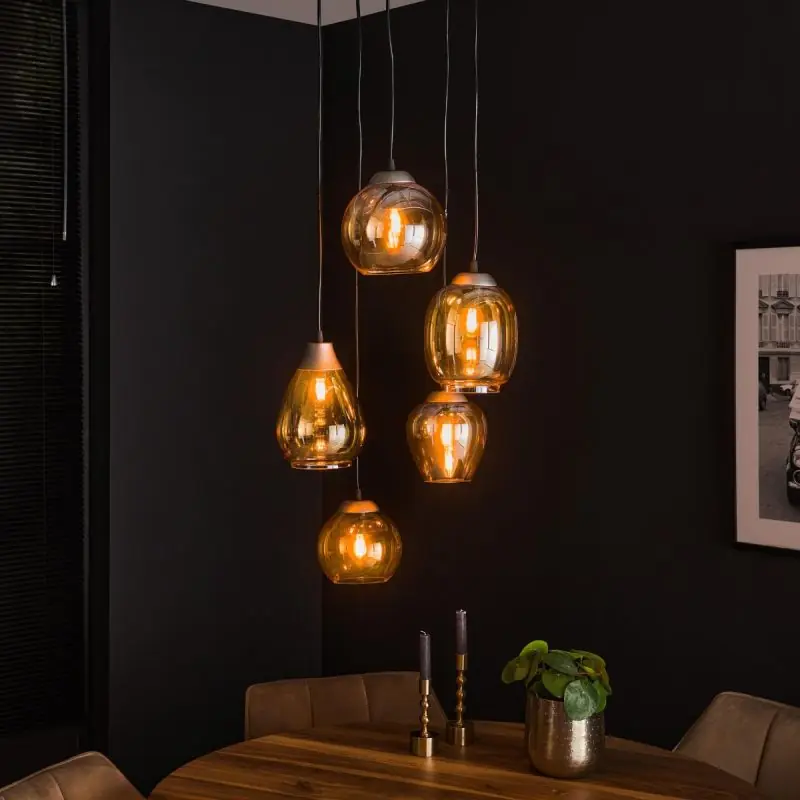 Vico Mix 5L - hanglamp - Ø 43 x 180 cm - oud zilver/amber Budget
