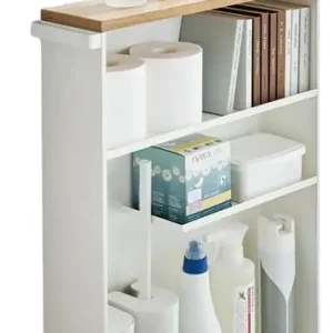 Beperkte Voorraad Yamazaki Opbergtrolley Tower - Semi-Closed - Wit - Naturel Hout - 13x47,5x68cm