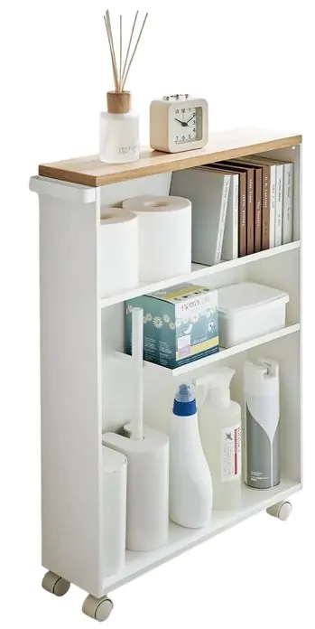 Beperkte Voorraad Yamazaki Opbergtrolley Tower - Semi-Closed - Wit - Naturel Hout - 13x47,5x68cm