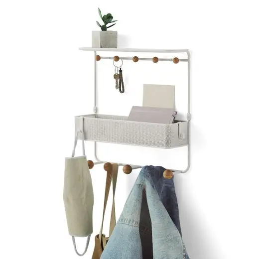 Umbra Wandkapstok Estique - 10 Haken - Organizer Met Bakje - Wit - Naturel - 31x32x10cm Topkwaliteit