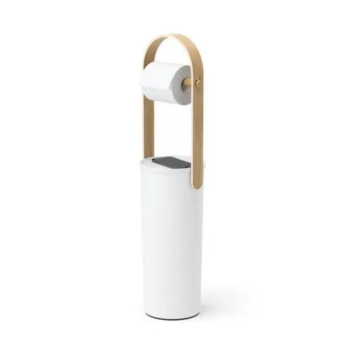 Umbra Toiletrolhouder Bellwood - Met Opbergbak Voor 3 Rollen - Wit - Naturel Hout - 14x18x68cm Gecertificeerd