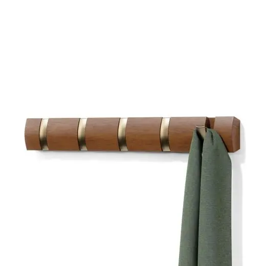 Koop Vandaag Umbra Wandkapstok Flip - 5 Haken - Inklapbaar - Licht Walnoot - Warm Goud - 51x6x3cm