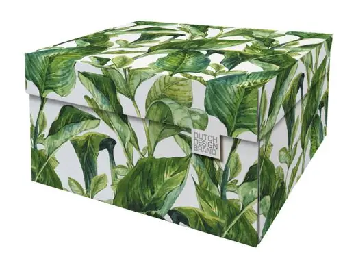 Gereduceerde Prijs Dutch Design Brand Opbergbak Storage Box - Van Karton - Green Leaves - Groene Bladeren - 38,9x31,3x20,6cm