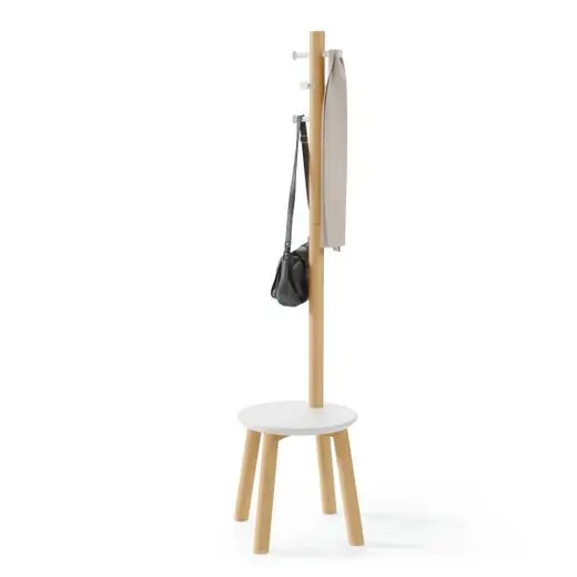 Groothandel Umbra Staande kapstok Pillar - Met Krukje - Wit - Naturel Hout - 50x50x165cm