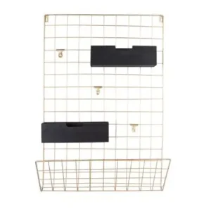 Limited Edition Pt Wandrek Open Grid - 3 Clips - 2 Houten Bakjes - Zwart / Goud - 13x45x66cm
