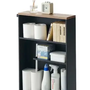 Trendy Yamazaki Opbergtrolley Tower - Semi-Closed - Zwart - Donkerbruin Hout - 13x47,5x68cm