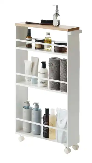 Groothandel Yamazaki Opbergtrolley Tower - Smal - Wit - Naturel Hout - 13x47,5x80,5cm