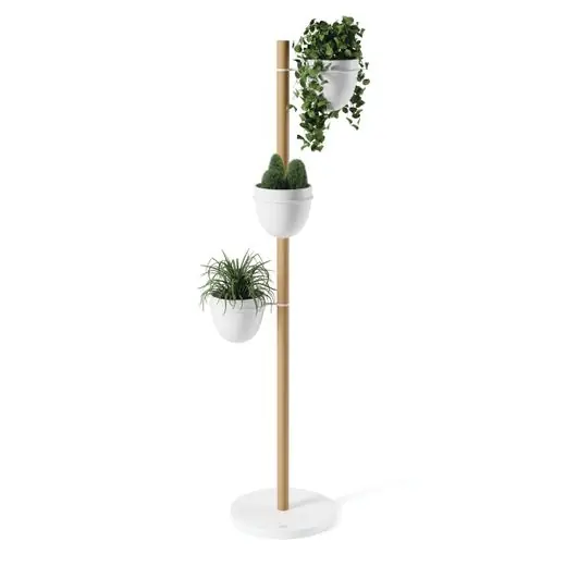 Goedkoop Umbra Bloempot Floristand - Set Van 3 - Op Standaard - Wit - Naturel Hout - 44x44x139cm