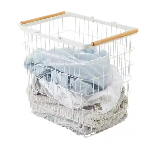 Betrouwbaar Yamazaki Wasmand Tosca - Large - Wit - Naturel Hout - 41,5x31x38,5cm