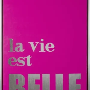 Goedkoop Pt Wanddecoratie Wall Art Canvas - La Vie Est Belle - Fuchsia - Zilver Folie - 40x3,2x60cm