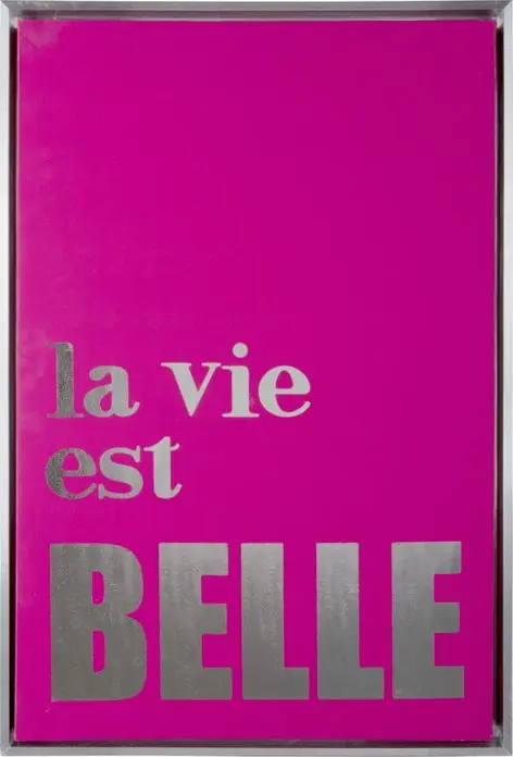 Goedkoop Pt Wanddecoratie Wall Art Canvas - La Vie Est Belle - Fuchsia - Zilver Folie - 40x3,2x60cm