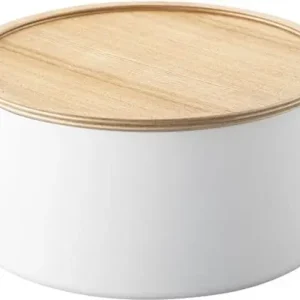 Betaalbaar Yamazaki Opbergbak Rin - Rond - Hoog - Met Deksel - Wit - Naturel Hout - 22x22x11cm