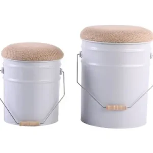 Handgemaakt Leitmotiv Kruk Buckets - Set Van 2 - Emmer Met Deksel - Wit - Ø26x31cm-Ø31x39,5cm