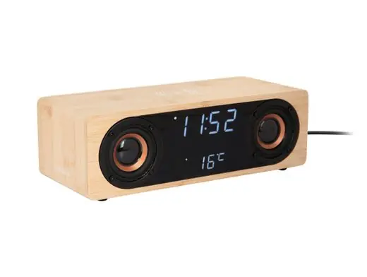 Exclusieve Aanbieding Karlsson Wekker Classic - Met Blue Tooth Speakers En Telefoonoplader - Bamboe Hout - 25x10,2x8cm