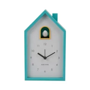 Professioneel Karlsson Wekker Modern Cuckoo - Met Vogelgeluiden - Helder Turquoise Blauw - 6x12x20cm
