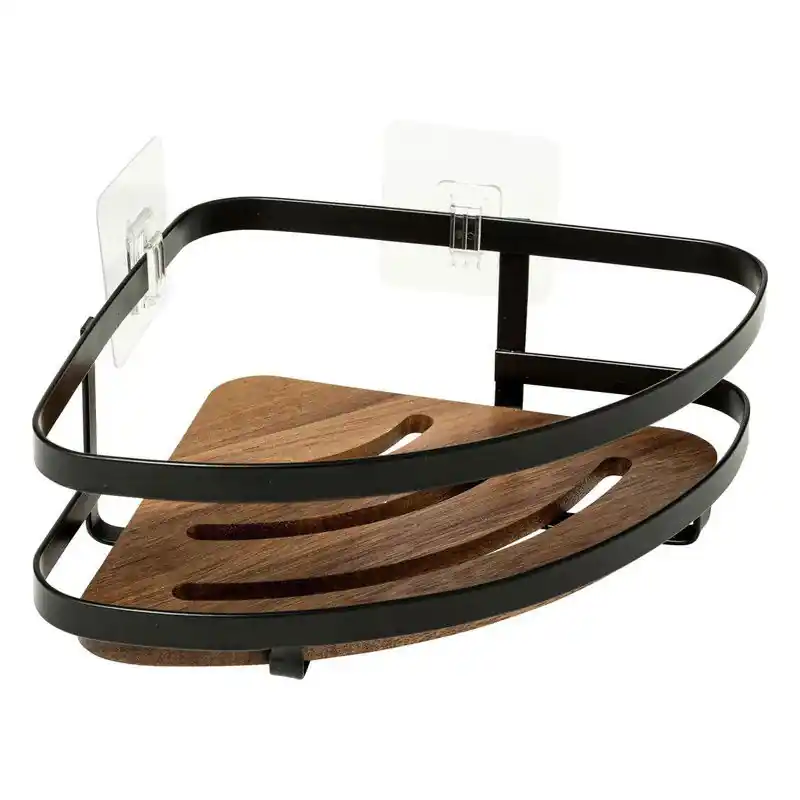 Koop Online 5Five Badkamer douche rekje - metaal/hout - kleefstrip - 20 x 20 x 7 cm - Douche- en badrekjes