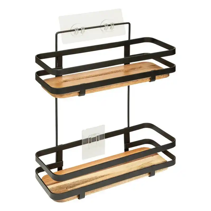 5Five Badkamer douche rekje - metaal/hout - kleefstrip - 25 x 15 x 30 cm - Douche- en badrekjes Premium