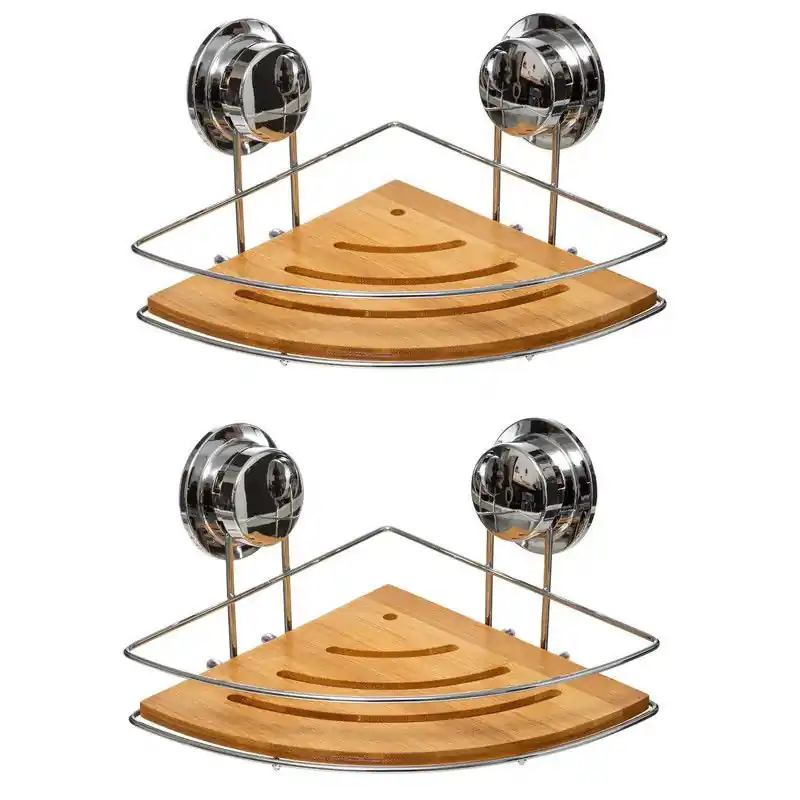 Doucherekje - 2x - hoek model - 27 x 20 x 12 cm - metaal/bamboe hout - Douche- en badrekjes Professioneel