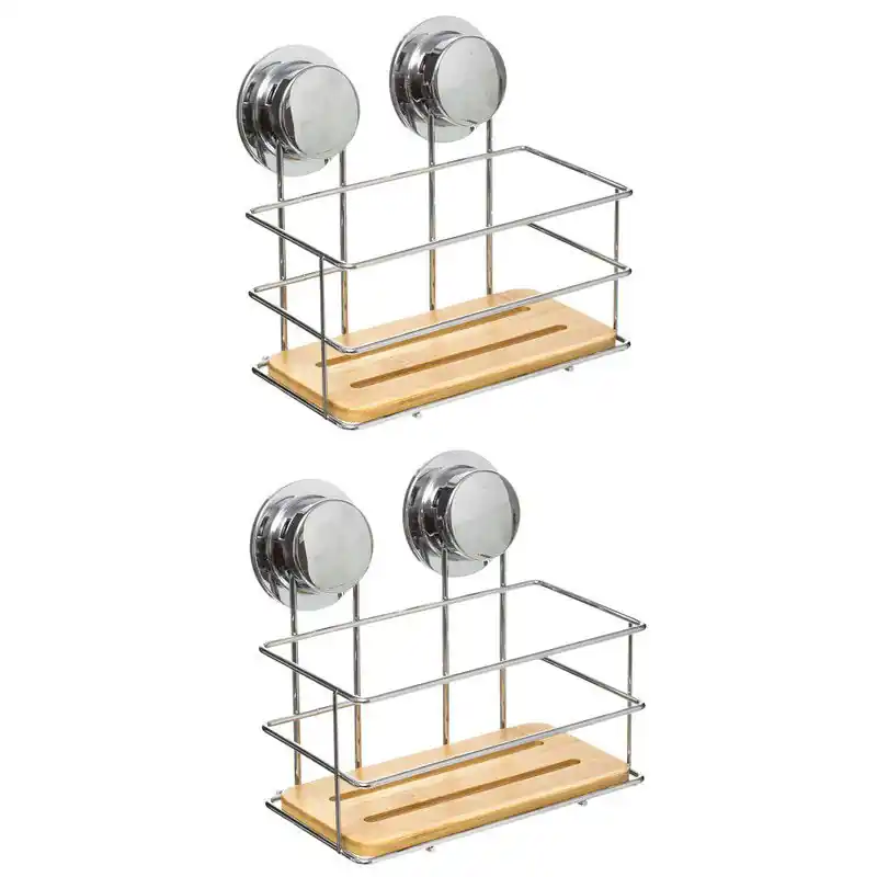 5Five Doucherekje - 2x - metaal/ bamboe - zuignappen - 19x12x18 cm - Douche- en badrekjes Favoriet