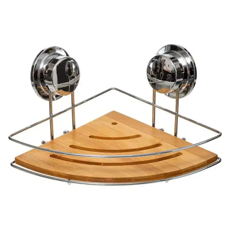 Doucherekje - hoek model - 27 x 20 x 12 cm - metaal/bamboe hout - Douche- en badrekjes Aanbieding