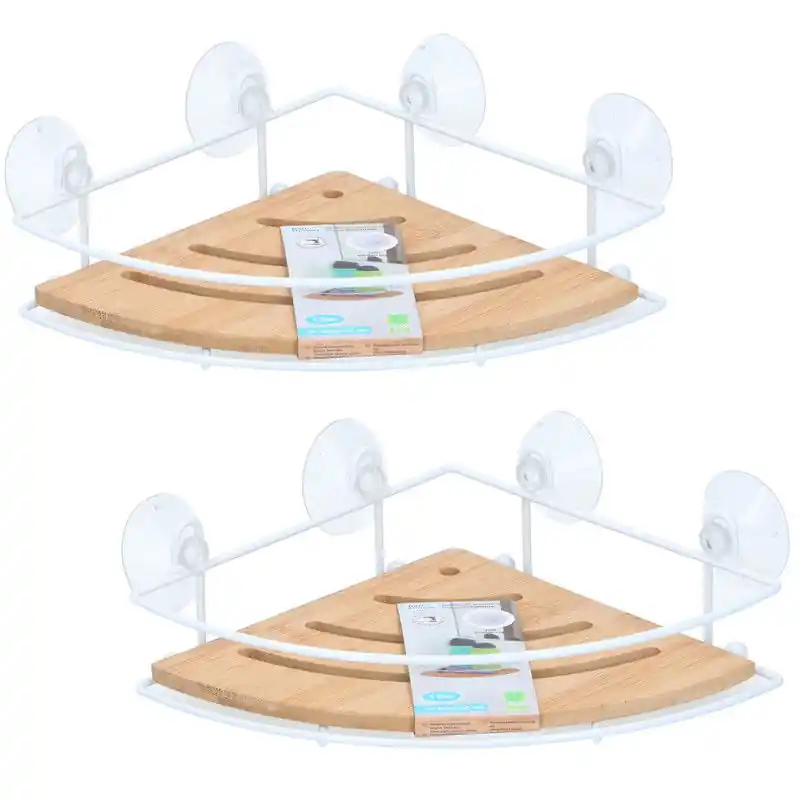 Goedkoop 2x Stuks doucherekje/badkamerrekje hoek metaal/bamboe met zuignappen 27 cm - Douche- en badrekjes