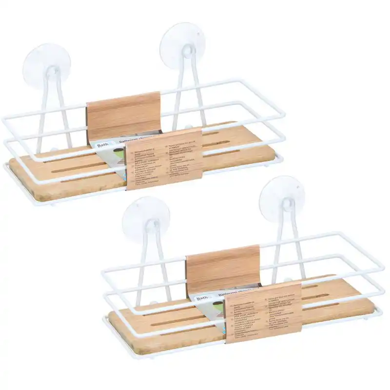 3x Stuks doucherekje/badkamerrekje metaal/bamboe met zuignap 26 cm - Douche- en badrekjes Origineel