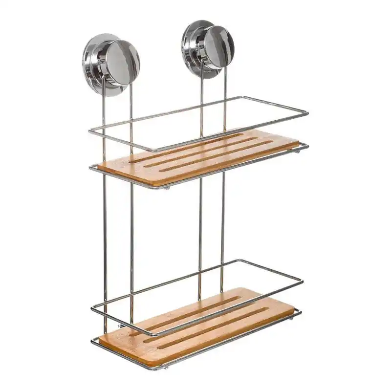 5Five Doucherekje - 2-laags - metaal/ bamboe - zuignap - 25x13x36 cm - Douche- en badrekjes Betaalbaar