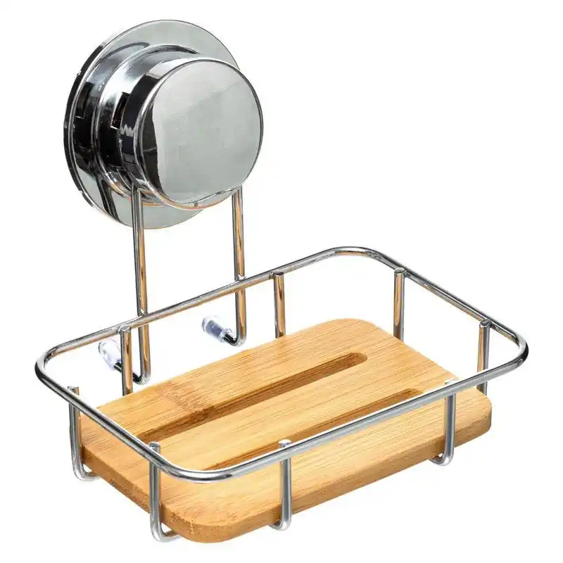 5five Zeephouder - bamboe hout - met zuignap - 14 x 14 x 12 cm - Douche- en badrekjes Uitverkoop