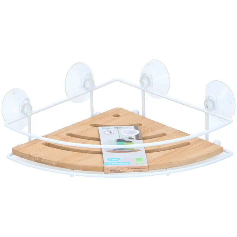 Doucherekje hoek - metaal/bamboe met zuignappen - 27cm - badkamerrekje - Douche- en badrekjes Handgemaakt