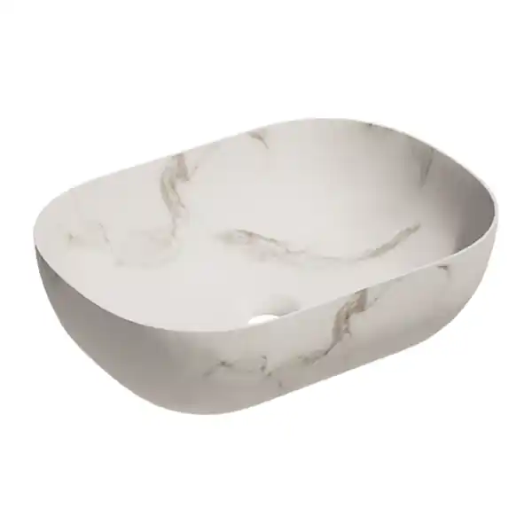 Keramische ovale opbouw waskom Oval Mini Calacatta 46x33cm wit marmer Exclusieve Aanbieding