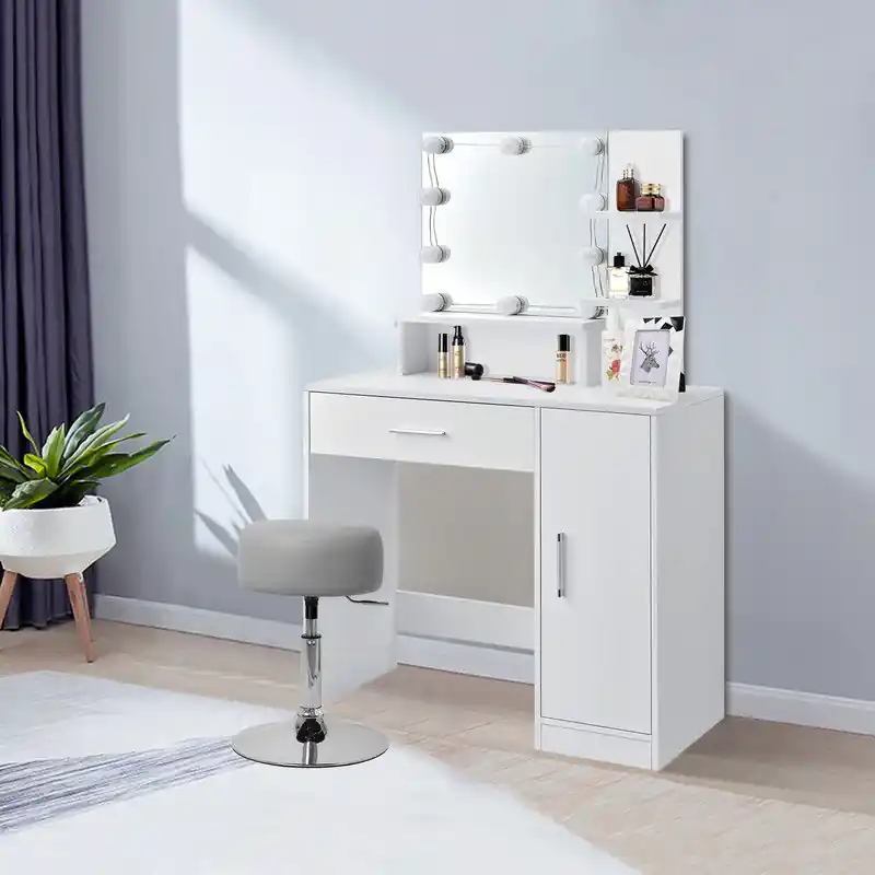 Kaptafel 90x38x137 cm in wit met LED verlichting, spiegel, lade, kast & 3 planken ML-Design Must-Have