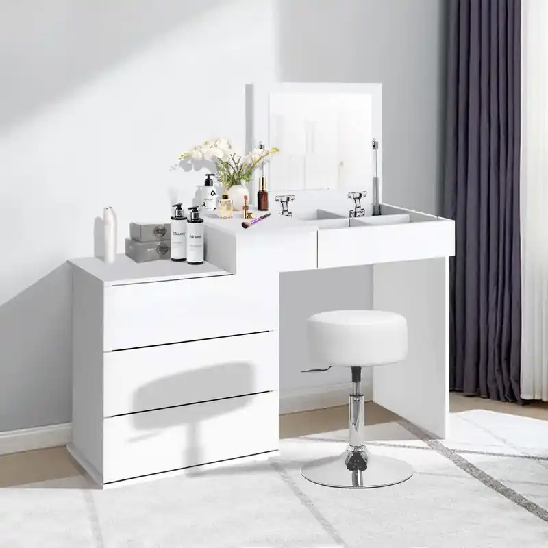 Kaptafel 117,5x78x45 cm in wit met inklapbare spiegel, 4 laden & kruk ML-Design Premium
