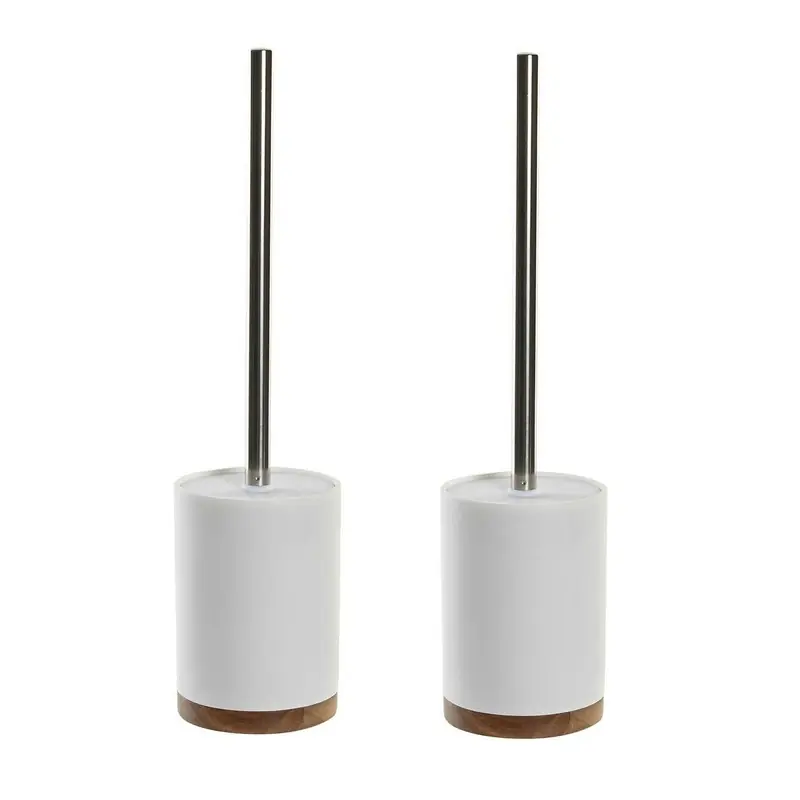 2x stuks WC/Toiletborstel in houder wit keramiek/acacia hout 41x10 cm - Toiletborstels Direct Beschikbaar
