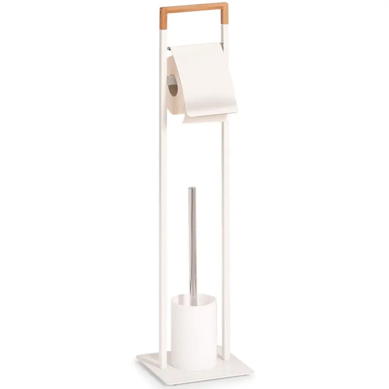 Exclusief Zeller Toiletborstelhouder inclusief WC-rolhouder en borstel - wit - metaal / bamboe - 75 cm - Toiletborstels