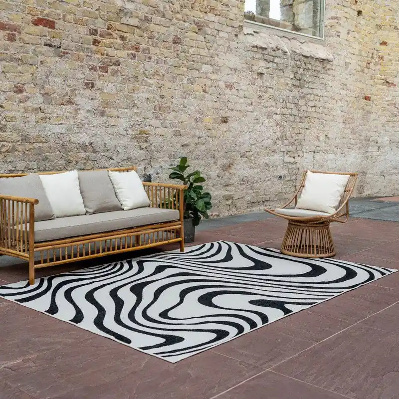 Gereduceerde Prijs Buitenkleed Swirl Rechthoek - Zwart - Dubbelzijdig - Polypropyleen - 200 x 290 cm - (L)