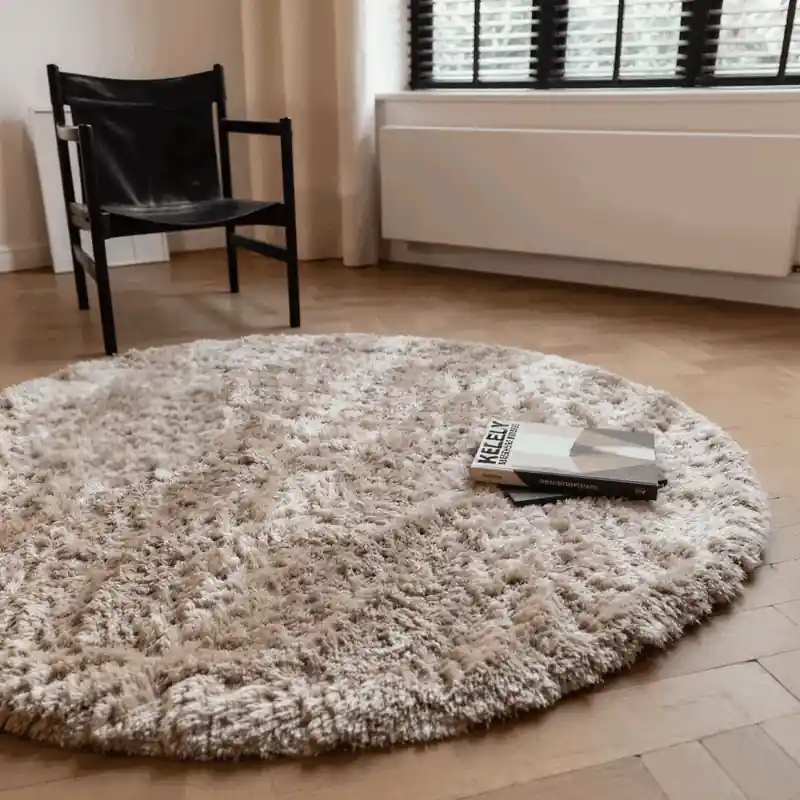 Rond hoogpolig vloerkleed Fender beige - Polyester Beperkt Aanbod