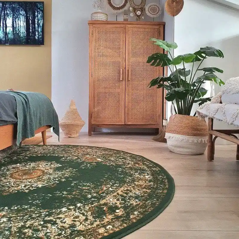 Populair Rond Vintage Vloerkleed Keshan Groen - Polypropyleen - Rond 160 Ø - (M)