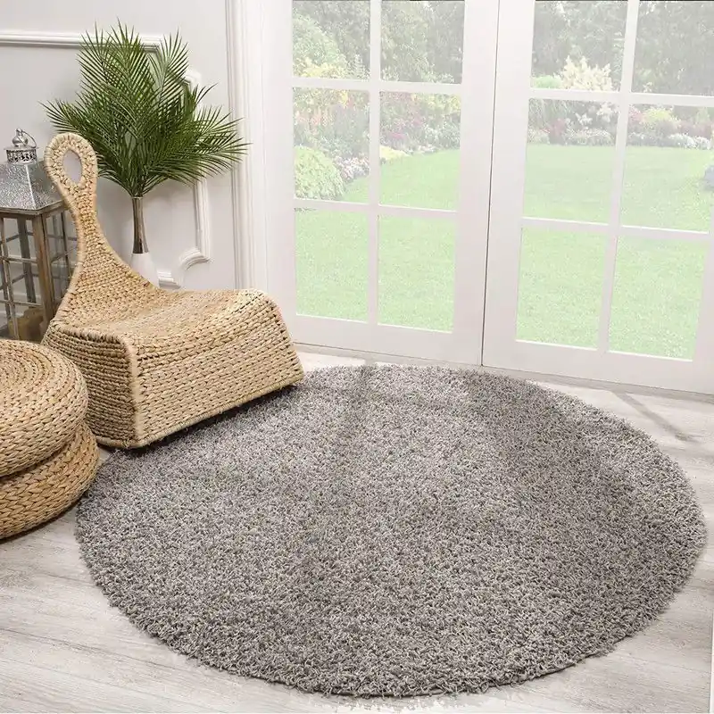 Aanbieding Rond Loca Shaggy Vloerkleed – Modern Uni Effen – Lichtgrijs Hoogpolig & Zacht- 120 CM ROND