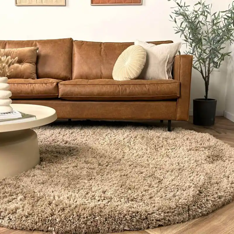 Rond hoogpolig vloerkleed Pilo taupe polyester Interieur05 - Rond 200 Ø - (L) Weekendaanbieding