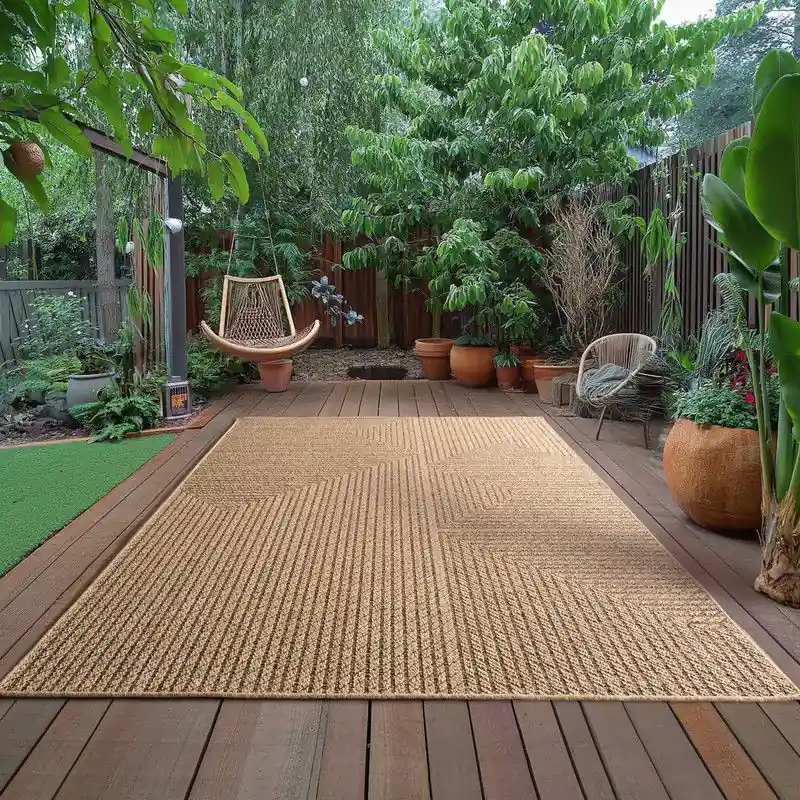 Aanbieding Timber Style Buitenkleed – Indoor & Outdoor, Jute-Look Vloerkleed, Weerbestendig, Tuin, Balkonkleed - Beige- 140x200 CM