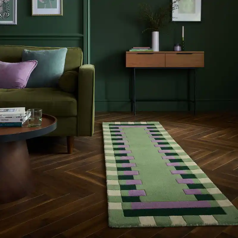 Modern Loper Wollen Vloerkleed Kai - Kader - Lijstmotief - Groen / Paars - 60x230 cm
