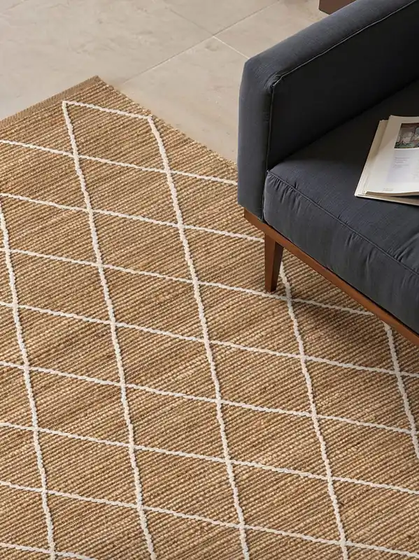 Laagpolig Vloerkleed Kunu Jute - Naturel / Goud / Wit - 200x300 cm Geld-Terug-Garantie