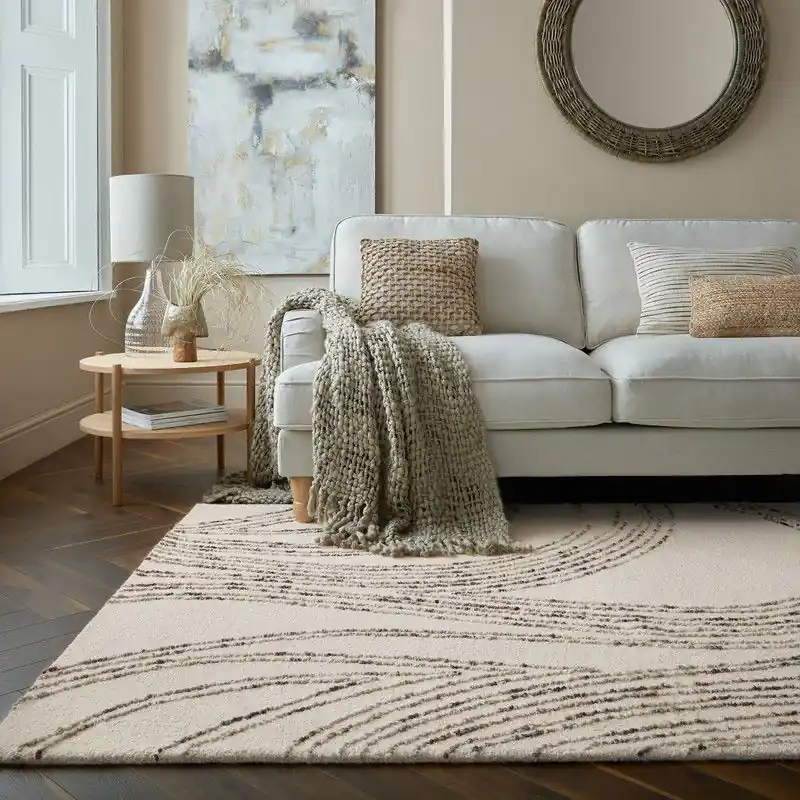 Rechtstreeks Van De Fabrikant Abstract Swirl vloerkleed - Laagpolig - 100% Wol Modern - Naturel / Bruin / Beige - 200 X 290 CM