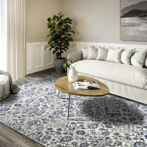 Luxe Villeroy & Boch - laagpolig vintage vloerkleed Ernest - Creme / Blauw - 80x240 cm