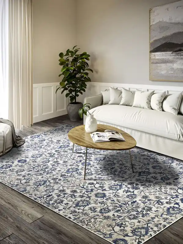 Luxe Villeroy & Boch - laagpolig vintage vloerkleed Ernest - Creme / Blauw - 80x240 cm