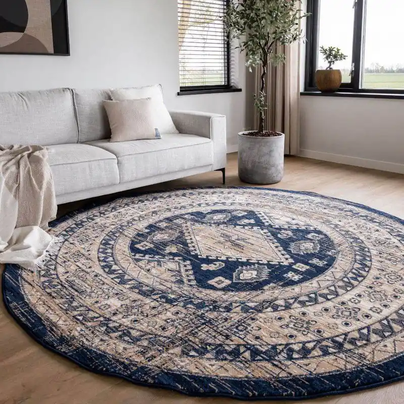 Rond Vintage Vloerkleed Aila Blauw - Polypropyleen - Rond 190 Ø - (L) Fabrieksprijs